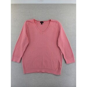 Talbots Sweater Women Petite Large Pink Basket Weave Knit 3/4 Sleeve Top Lattice